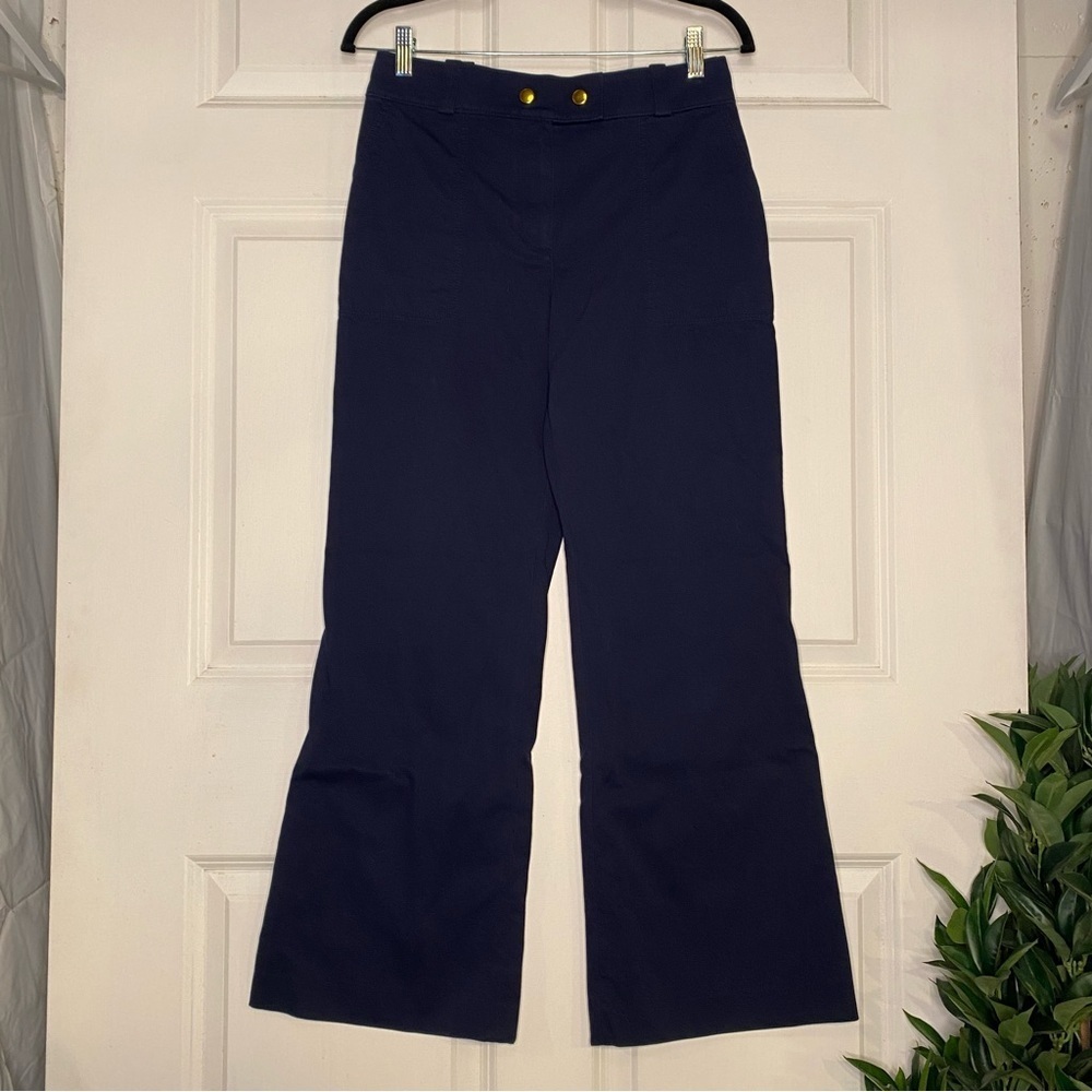 Tory Burch Navy Blue Flared leg Flat Front Gold Button Pants Size 4